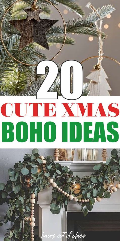 Boho Christmas Mantle Ideas, Bohemian Xmas Decor, Small Boho Christmas Tree, Hobo Christmas Decor, Boho Christmas Decor Living Room, Funky Christmas Decor Bohemian, Farmhouse Boho Christmas Decor, Red Boho Christmas Tree, Boho Christmas Wrapping Ideas