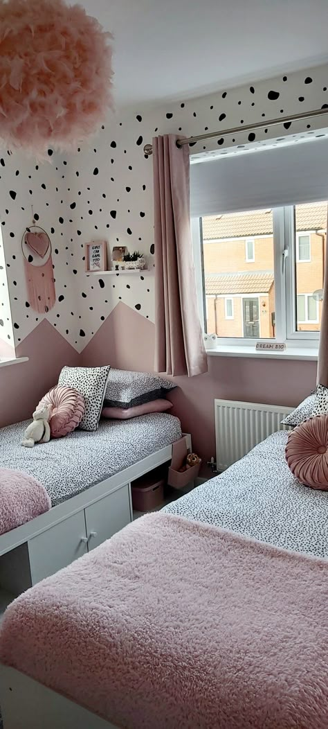 Pink Dalmation Bedroom, Polka Dot Accent Wall Bedroom, Grown Up Girls Bedroom Ideas, Girls Dalmation Bedroom, Dalmation Wallpaper Bedroom, Dalmation Bedroom, Pink Toddler Rooms, Polka Dot Bedroom, Girl Room Inspiration