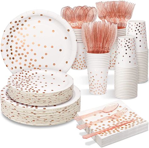 White Dinnerware Set, Polka Dot Party, Plastic Forks, Rose Gold Party, Bridal Shower Brunch, Wedding Party Supplies, Disposable Plates, Gold Polka Dots, Gold Party