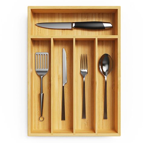 PRICES MAY VARY. ADJUSTABLE STORAGE SPACE : The size of our deep bamboo silverware drawer organizer is 13”L * 9.8”W * 1.96”H, It is fit most standard kitchen drawers. Thanks to the adjustable dividers, you can remove or plug the dividers to adjust the storage space as you wish to hold every kitchen utensil, cutlery and flatware invisible in drawer. With it, you can see all your cutlery at once, keeping everything in hand. No more finding, just enjoy cooking. KEEP YOUR DRAWER ORGANIZED : Our kitc Bamboo Silverware, Silverware Organizer, Flatware Drawer, Silverware Drawer Organizer, Kitchen Drawer Organizer, Storage For Kitchen, Silverware Drawer, Utensil Tray, Silverware Organization