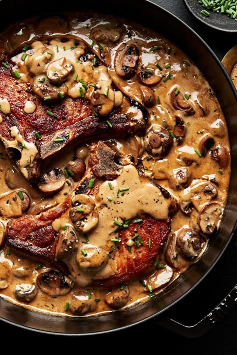 Pork Chops with Mushroom Cream Sauce | The Modern Proper Pork Chop Mushroom Sauce, Pork Chops With Mushroom Sauce, Pork Chop Recipes With Mushrooms, Pork Chop Mushroom Recipes, Pork Chops Mushrooms, Creamy Mushroom Pork Chops, Pork Chops With Mushrooms, Gluten Recipes, Mushroom Cream Sauce