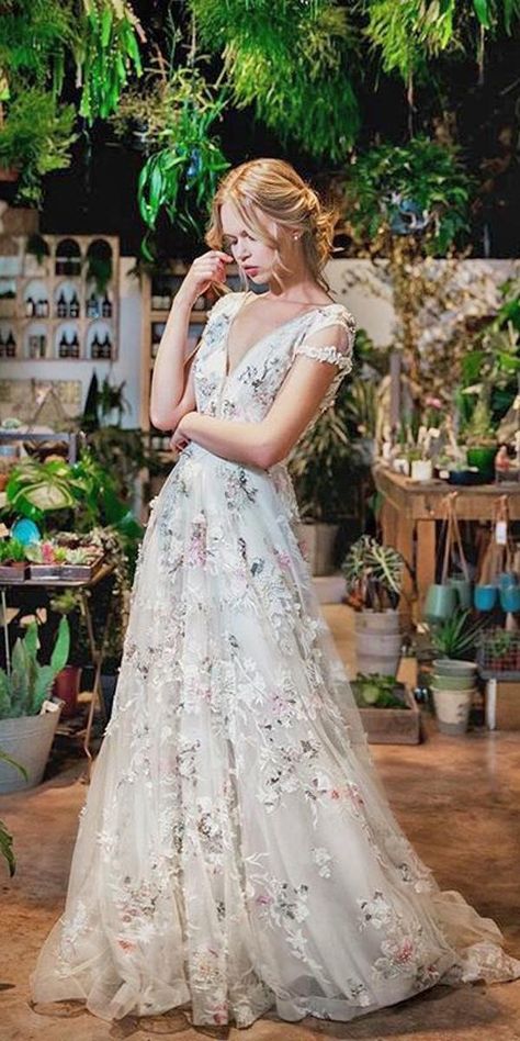 floral wedding dresses a line lace v neckline with short sleeves savin london Wedding Dresses Splash Of Color, White Floral Embroidered Dress, Non White Wedding Dress Blushes, Meadow Wedding Dress, Fun Wedding Dress, Floral Embroidered Wedding Dress, Floral Wedding Dresses, Embroidered Wedding Dress, Floral Wedding Dress