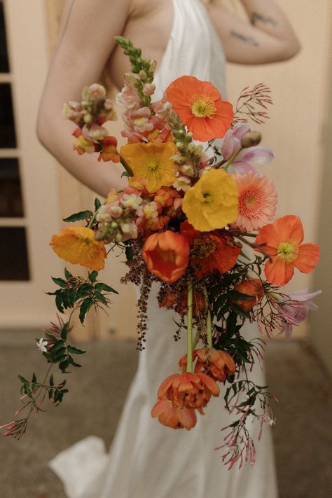 Peony And Poppy Wedding Bouquet, Desert Flowers Bouquet, Desert Themed Bridal Bouquet, Sunflower And Poppy Bouquet, Spanish Flower Bouquet, 70s Flower Bouquet, Poppy Flower Wedding Bouquet, Summer Elopement Bouquet, Whimsical Fall Bouquet