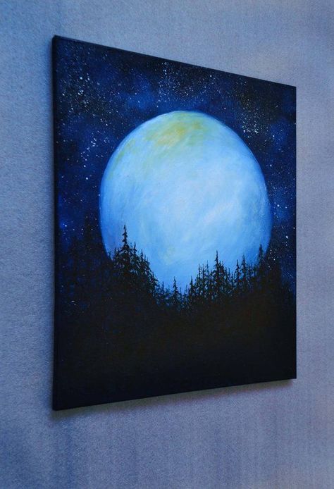 Canvas Forest Painting, Moon Oil Painting, Painting Moonlight, Moon Oil, Fantasy Space, Moonlight Painting, Night Sky Painting, Sky Full, Painting Media