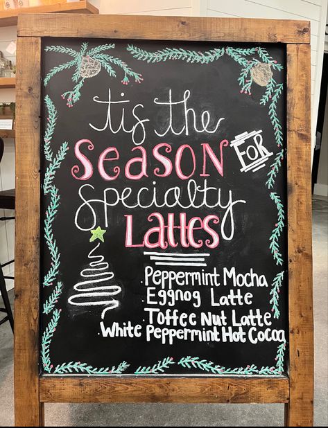 Holiday Coffee Shop Signs, Christmas Coffee Shop Chalkboard, Christmas Coffee Board Ideas, December Chalkboard Art, Christmas Coffee Sign, Coffee Shop Quotes, Restaurant Board, Shop Board Design, Cafe Signs