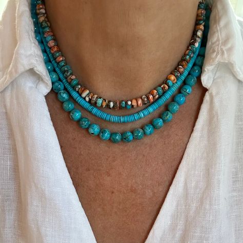 This gorgeous electric blue turquoise necklace is handcrafted with highly coveted 5mm wide blue Persian turquoise from the northeastern mountainous region of Persia. The modern wafer cut of the 5mm beads is sleek, uniform and symmetrical. This is a great necklace to wear as a single strand of paired with your other favorite necklaces for a stunning layered look.  The beads are symmetrical and uniform in color and saturation with minimal matrix as fine Persian turquoise is known for. The 5mm turq Blue Turquoise Necklace, Persian Turquoise, Gemstone Choker, Jewelry Accessories Ideas, Trendy Necklaces, Blue Necklace, Bijoux Diy, Shopping Spree, Turquoise Pendant