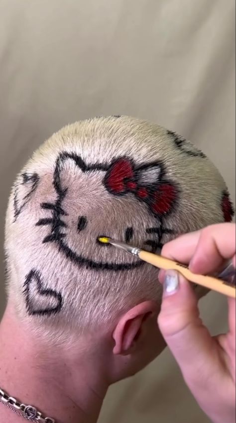 Hello Kitty Buzzcut, Halloween Buzzcut Design, Hello Kitty Spiderman Nails, Hello Kitty And Spiderman Nails, Buzz Cut Dyed Hair Men, Bald Hair Dye Designs, Buzzcut With Designs, Buzzcut Colored Hair, Hello Kitty And Boyfriend