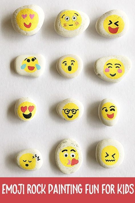 Have fun making these emoji decorated rocks - and then head out and hide  them in your local community! Design yourself as an emoji too. Emoji Rocks, Rock Painting Ideas For Kids, Emoji Craft, Painting Ideas For Kids, Rock Painting Supplies, Girl Scout Activities, Rock Painting Ideas, Painted Rocks Kids, Rock Painting Ideas Easy