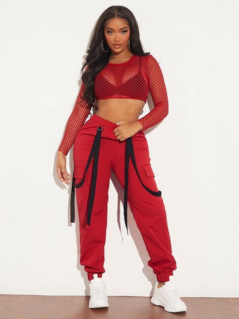 Red Cargo Outfit, Red And Black Outfit Ideas, Reggaeton Outfit, Red Mesh Top, Flap Pocket Cargo Pants, Red Streetwear, Red And Black Outfits, Cargo Outfit, Pocket Cargo Pants