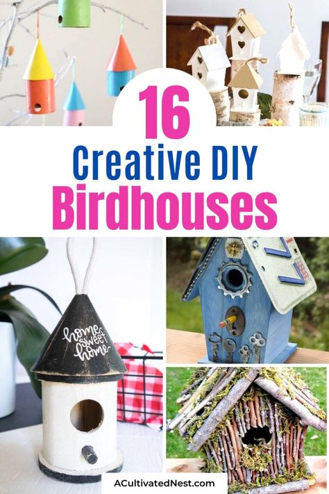 16 DIY Birdhouse Projects- If you want a fun décor piece for inside your home, or want to attract more birds outside, you'll love these DIY birdhouse projects! This great collection of homemade birdhouses includes both kids crafts and more sophisticated DIY projects! | #birdhouse #diyProjects #craft #kidsCrafts #ACultivatedNest License Plate Bird Houses Diy, Easy Painted Birdhouses, Diy Decorative Bird House, How To Make A Birdhouse Diy, Paint Ideas For Bird House, Birdhouse Painting Ideas Easy Wood, How To Paint A Birdhouse, Diy Bird House For Kids, Diy Paint Birdhouse Ideas