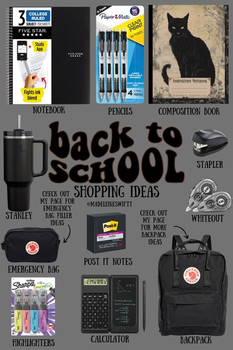 hello my pretties! all items are linked under shop the look <3  black back to school essentials + back to school + college + highschool + middle school + school bag + school + school essentials + back to school 2024 + class of 2025 + black cat + alt + witchy + trending on tiktok + trending + tik tok + viral + what i should pack + first day + what to bring on your first day of middle school + what to bring on your first day of high school Blue Back To School Supplies, Back To School Items Highschool, First Day Of School Bag Essentials, High School Back To School Supplies List, Bag Tour For School, High School Bag Essentials, What’s In My Backpack Back To School, Scene School Supplies, Back Packing Essentials For School