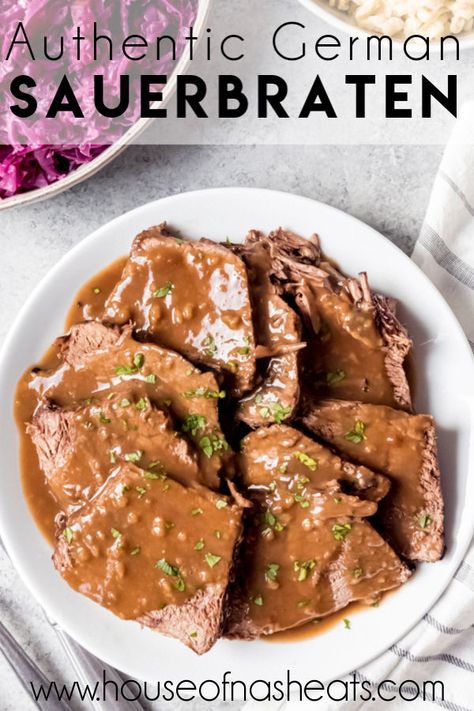 This authentic German Sauerbraten recipe makes the most tender, juicy roast beef in a wonderful sweet and sour gravy. Marinated for days in red wine, vinegar, and spices, then braised until the meat is succulent and tender, and served with rotkohl and spaetzle, sauerbraten is one of Germany's national dishes for good reason! #German #recipe #sauerbraten #roast #meat #beef #classic #authentic #traditional #wine #vinegar #marinade #oktoberfest #Germany Authentic German Sauerbraten Recipe, German Sauerbraten Recipe, Juicy Roast Beef, German Recipes Dinner, Sauerbraten Recipe, Easy German Recipes, Traditional German Food, German Food Authentic, Oktoberfest Food