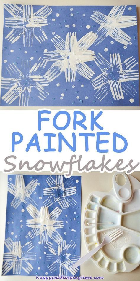 FORK PAINTED SNOWFLAKES – HAPPY TODDLER PLAYTIME Kunst For Barn, Painted Snowflakes, Juleverksted For Barn, Winter Activities Preschool, January Crafts, Snowflake Craft, Winter Art Projects, Wedding Clothing, Winter Activities For Kids