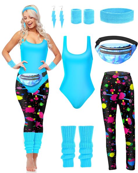 PRICES MAY VARY. Complete 80s Costume Set: the 80s workout outfit includes 1 piece of retro 80s or 90s swimwear, 1 pair of jogging leggings, 1 pair of leg warmers, 1 piece of headband, 1 pair of wristbands, 1 pair of earrings and 1 piece of fanny pack, which can satisfy your needs for 80s costume accessories Retro and Attractive: the 80s workout costumes for women adopt retro style and bright pink color, cool and comfy; You can wear them in combination or separately, to match well with your shir 80s Leg Warmers, 80s Outfits Women, Workout Costume, 80s Workout Costume, 80s Workout Outfit, 80s Workout Clothes, Bright Leggings, Jogging Leggings, 80s Accessories