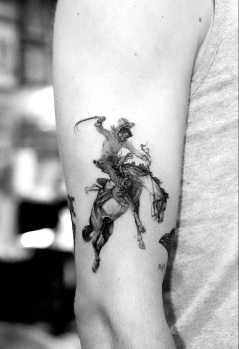 Black And White Horse Tattoo, Horse Bucking Tattoo, Cowboy And Horse Tattoo, Horse Rider Tattoo, Flying Horse Tattoo, Horse Riding Tattoo, Rancher Tattoo, Mustang Horse Tattoo, Cowboy Riding Horse Tattoo