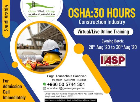 Stay Safe prepare Online Safety Course...OSHA 30-Hour Construction Industry Training in Saudi Arabia is a great process for educating construction employees and supervisors about OSHA safety standards. Next Evening Batch starts from 28th Aug'20 to 30th Aug'20. King Abdul Aziz, Building Development, Worker Safety, Safety Courses, Safety Training, Online Safety, Construction Industry, Fire Protection, Online Training