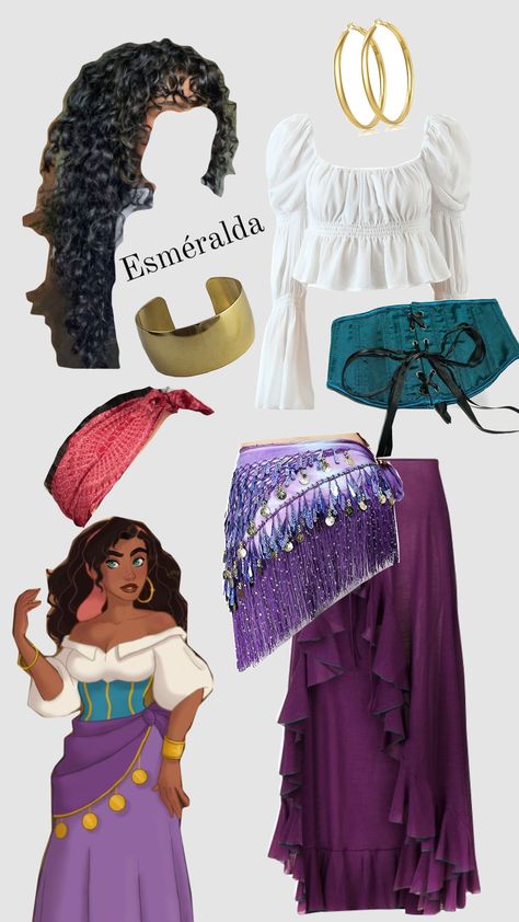 #esmeralda #gypsy #hunchbackofnotredame #costumeidea #costumeinspo Merida Halloween Costume College, Esmeralda Disney Outfit, Esmerelda Halloween Costume, Esmeralda Halloween Costume, Esmerelda Costume Diy, Costumes With Curly Hair, Esmeralda Disney Costume, Esmeralda Disneybound, Simple Disney Costumes