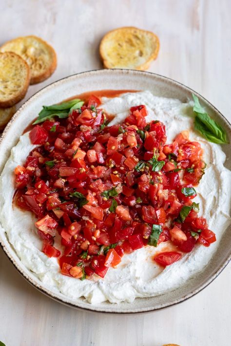 Whipped Ricotta Bruschetta Dip - Dash of Mandi Rv Snacks, Ricotta Bruschetta, Bruschetta Dip, Ricotta Crostini, Ricotta Dip, Tailgating Ideas, Whipped Ricotta, Marinated Tomatoes, No Cook Appetizers