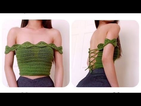 Crochet Off Shoulder Crop-top | Móc Áo Crop-top Trễ Vai | Truc Nguyen Handmade. - YouTube Crochet Lingerie, Crochet Top Outfit, Black Crochet Dress, Crochet Crop Top Pattern, Mode Crochet, Crochet Tops Free Patterns, Crochet Summer Tops, Crochet Crop, Crochet Halter Tops