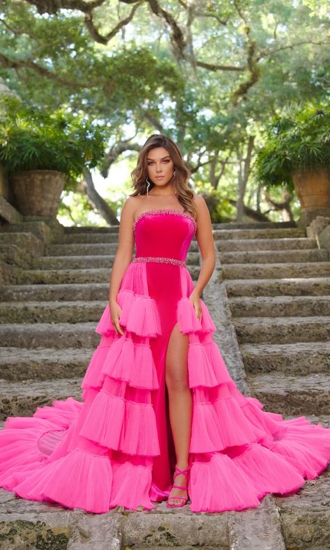 Two-tone long pageant evening gown with a strapless neckline and a full tiered ruffle floor-length skirt. Pagent Dresses, Raspberry Wine, Velvet Evening Gown, Ruffle Prom Dress, Dress Pictures, White Lilac, Exquisite Gowns, Embellished Neckline, Prom Dress Stores