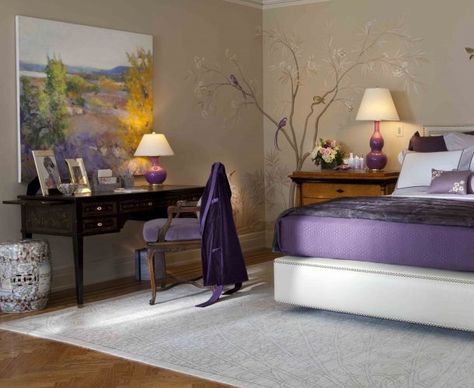 Beige and Purple and they even have a tree! Purple Gray Bedroom Walls, Lavender And Grey Bedroom, Sand Bedroom, Purple And Gray Bedroom Ideas, Purple Bedroom Design, Purple Bedroom Decor, Gray Bedroom Walls, Bedroom Purple, Purple Room