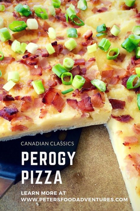 Perogy Pizza is a spicy pizza with layered potato, bacon, cheese topped with sour cream and green onion. Absolutely delicious, a Canadian classic! Spicy Perogy Pizza just like Boston Pizza's Bread Maker Pizza Dough, Pierogi Pizza, Pizza Sandwich Recipe, Spicy Pizza, Potato Bacon, Layered Potato, Oven Roasted Chicken, Cheese Topping, Sour Cream And Onion