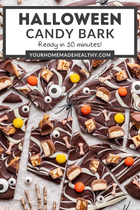 Turn Halloween candy into festive Halloween Candy Bark! With just a few simple ingredients and about 30 minutes of prep time, you can make this easy Halloween recipe for all of your celebrations this fall. Halloween Candy Chocolate Bark, Baking With Halloween Candy, Desserts With Halloween Candy, Halloween Candy Homemade, Homemade Halloween Candy Recipes, Halloween Fudge Ideas, Halloween Party Mix Recipes, Halloween Bark Candy, Fall Bark