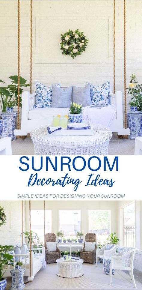 Blue And White Sunroom Decorating Ideas, Blue Sunroom Ideas, Carolina Room Decorating Ideas, Blue And White Sunroom, Sunroom Decorating Ideas, Sunroom Chair, White Sunroom, Indoor Sunroom, Farmhouse Sunroom