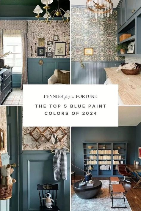 Bathroom Blue Walls Paint Colours, Living Room Blue Paint Color Ideas, Medium Blue Living Room, Blue Painted Paneling, Dusty Blue Wall Paint, Smokey Blue Sw, Moody Green Blue Paint, Historic Home Interior Paint Colors, Mid Tone Blue Paint