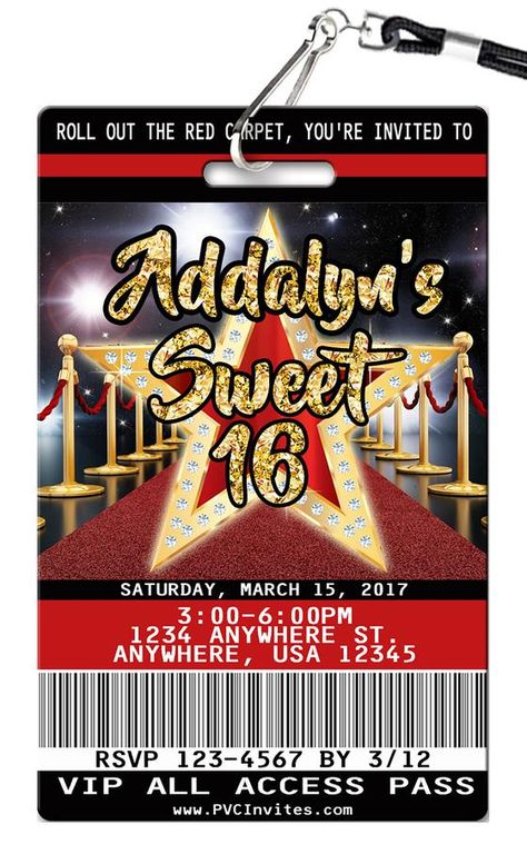 Sweet 16 Birthday Invitations Hollywood Invitations, Hollywood Sweet 16, Red Carpet Sweet 16, Hollywood Birthday Parties, Sweet 16 Party Themes, Sweet 16 Party Decorations, Hollywood Birthday, Sweet 16 Themes, 16th Birthday Invitations