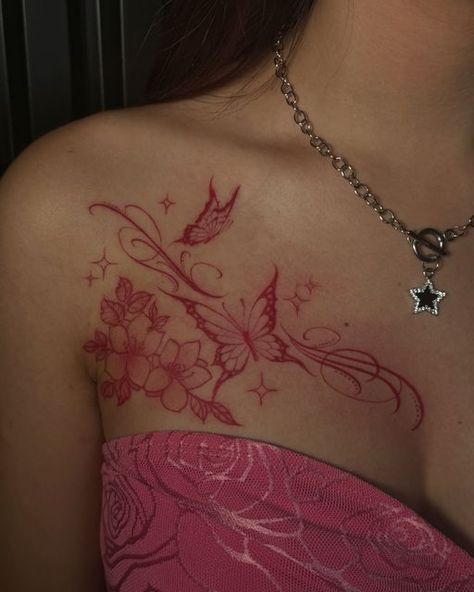 Colorful Chest Tattoos For Women, Red Collar Bone Tattoos For Women, Body Tats For Women, Red Pinky Tattoo, Colored Cute Tattoos, Colored In Tattoos, Different Color Tattoos, Idea Tattoo For Women, Red Words Tattoo