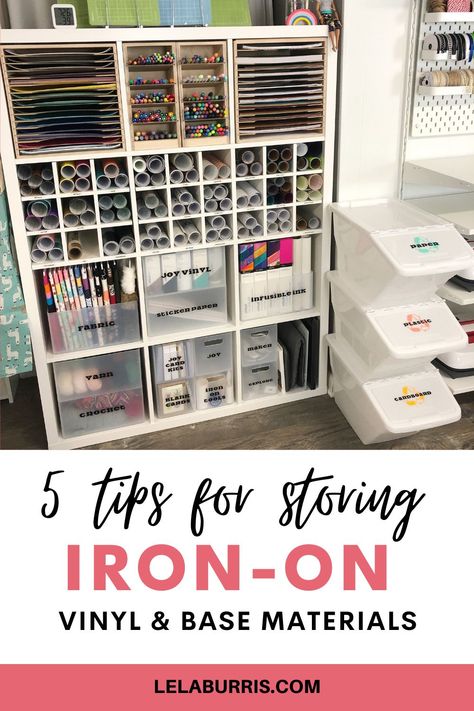 safely store and organize htv iron on vinyl Craft Room Organization Sublimation, How To Store Vinyl Sheets, Vinyl Organization Ideas Diy, Craft Room Vinyl Storage, How To Organize Vinyl Rolls, Dtf Transfer Storage Ideas, Htv Vinyl Storage Ideas, How To Store Vinyl Rolls, Vinyl Scraps Storage Ideas