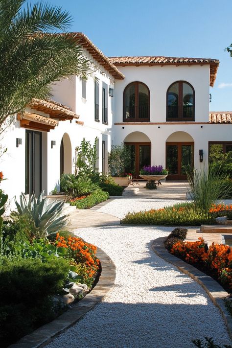 Spanish vila courtyard. View enchanting Spanish villas transform a dream home into a Mediterranean oasis with authentic architectural details and vibrant decor. Modern Spanish Home Exterior Mediterranean Design, Spanish Villa Entrance, Spanish House Entrance, Spanish Mediterranean Exterior, Spanish European Home, Spanish Revival Home Exterior, Spain House Spanish Style, Spanish Courtyard Ideas, Spanish Exterior Homes