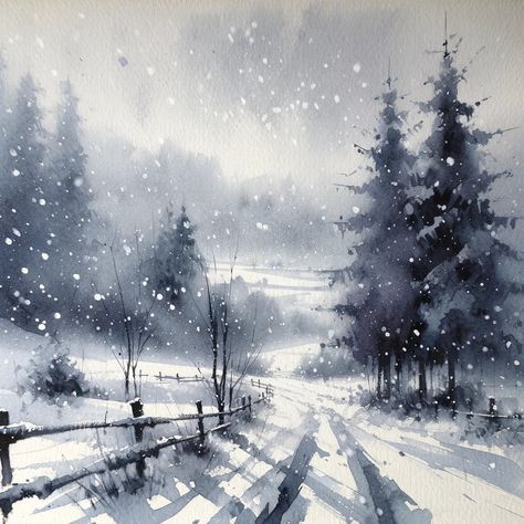 Whispering Winter Canvas Winter Sky Painting, Snowy Landscape Photography, Grey Art Aesthetic, Winter Watercolor Ideas, Winter Watercolor Paintings, Winter Landscape Watercolor, Watercolor Christmas Art, Watercolor Winter Landscape, Watercolour Trees