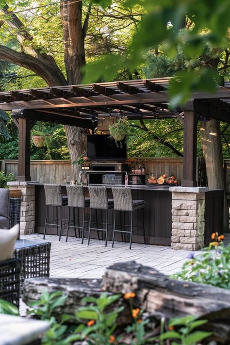 Elevate Your Space with Pergola Bar Ideas! Patio Bar Ideas Outdoor Small, Outdoor Bar Pergola, Pergola Bar Ideas, Bar With Pergola, Pergola Bar, Backyard Grilling Area, Outdoor Bar And Grill, Bbq House, Backyard Grill