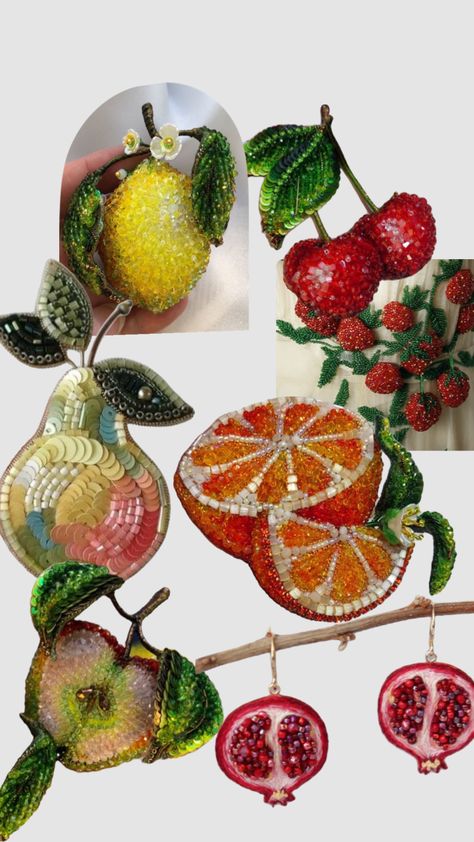 Embroidered beaded tambour fruits Tambour Beading Pattern Ideas, Fruit Bead Embroidery, Tambour Embroidery Design, Beaded Embroidery Bag, Grapefruit Embroidery, Bead Embroidery Bag, Fruits Embroidery, Beaded Pins, Beaded Fruit