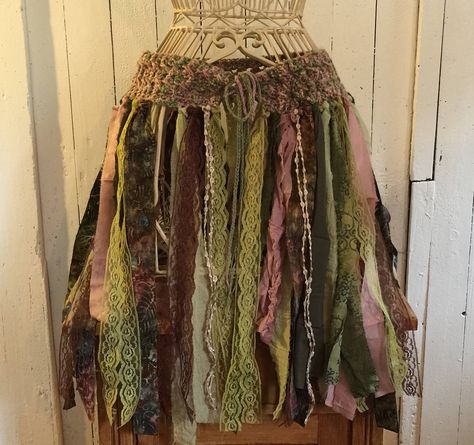 Tattered Pixie Skirt in gorgeous greens and pinks #festivalclothing #hippie #pixieskirt Tattered Skirt, Pixie Costume, Rag Skirt, Pixie Skirt, Skirt Diy, Fairy Outfit, Fair Outfits, Fairy Skirt, Estilo Hippie