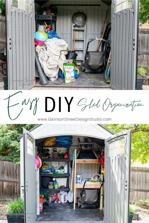 Easy DIY Shed Organization | ©GarrisonStreetDesignStudio | DIY | Easy | Shed | Organization | Outdoor | Storage | Ideas | Backyard |  Build | Backyards | House | Design | Garden | Ideas Backyard | Makeover | Storage Ideas | Small | Vinyl | Suncast | 7x7 | Bike | Pool | DIY Storage | Tools | Lawnmower | Wheelbarrow  | Yard | Cute | Gray | Pool House | Shelving Ideas | Interior | Garden | Floor | Hanging | 2x4 | Wall Storage | Rubbermaid | Tuff | Lifetime | Cascade | Storage Shed | Plastic Plastic Sheds Ideas Backyard, Lifetime Shed Ideas, Outdoor Shed Organization Ideas, Lifetime Shed Organization, Plastic Shed Storage Ideas, Suncast Shed Organization Ideas, Plastic Shed Makeover, Outdoor Shed Organization, Lawnmower Shed