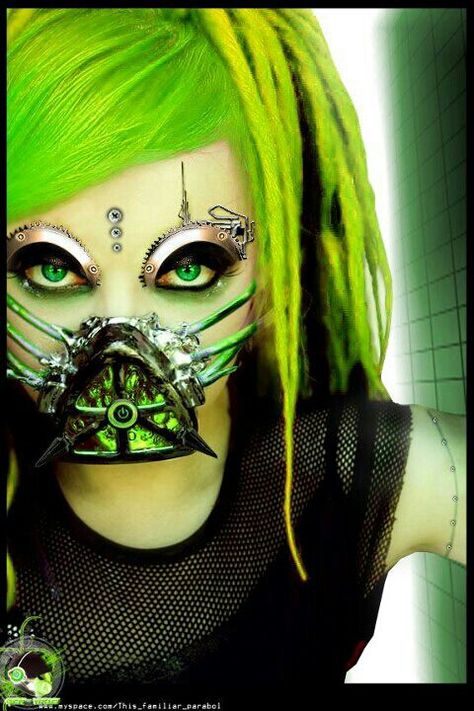 Neon steampunk green #SteampunkGoggles #PinToWin Green Cybergoth, Neon Steampunk, Techno Goth, Gothic Feminine, Green Steampunk, Cybergoth Fashion, Traditional Goth, Gas Masks, Donnie Darko