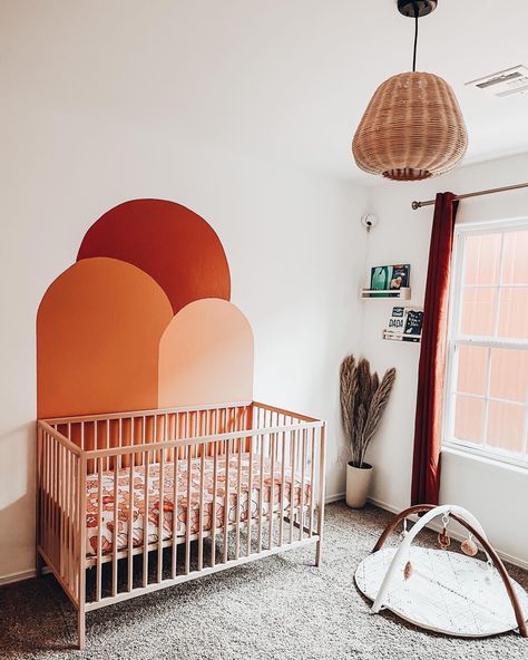 Boho nursery decor for our new sweet girl. Rust And Pink Nursery, Burnt Orange Baby Nursery, Red Nursery Ideas, Orange Nursery Girl, Orange Nursery Ideas, Red Nursery Girl, Pink And Orange Nursery, Baby Room Pastel Colors, Rust Nursery