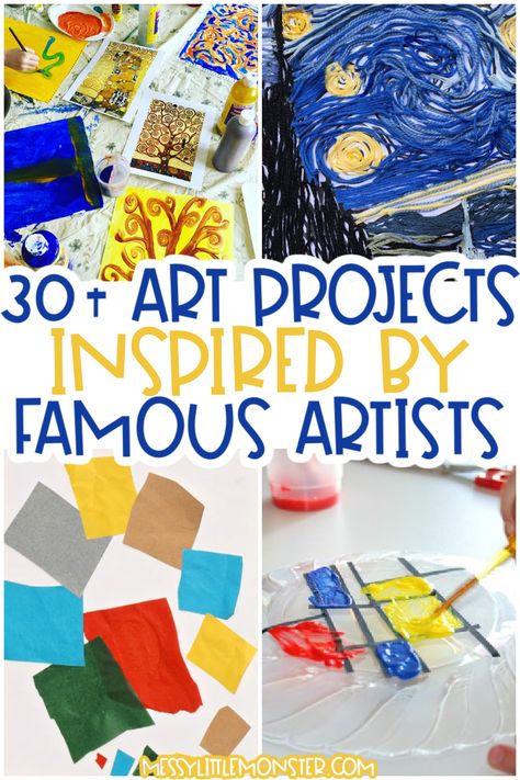 famous artists for kids - fun art projects for kids Famous Art For Preschoolers, Kindergarten Art Projects Famous Artists, Kindergarten Artist Inspired Art, Famous Artists Preschool Activities, Artists For Preschoolers, Art Lessons Elementary Famous Artists, Art History For Preschoolers, Famous Artists For Preschool, Preschool Famous Artist Projects