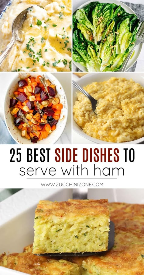 What to serve with ham: 25 best side dishes, a recipe roundup by Zucchini Zone. Are you preparing a spiral-sliced ham for the holidays or Sunday dinner with family? Today I'm sharing 25 of the best and most delicious sides that pair perfectly with juicy glazed ham. #whattoservewithham #holidaysides #sidedishes #sides #hamsides #holidayham #easter #thanksgiving #christmas #sundaydinner Sides To Eat With Ham, Easter Sunday Side Dishes, Ham Steak Sides, Side For Ham, Ham Sides Dishes, Easter Sides With Ham, Ham Dinner Ideas Side Dishes, Sides To Go With Ham, Sides With Ham