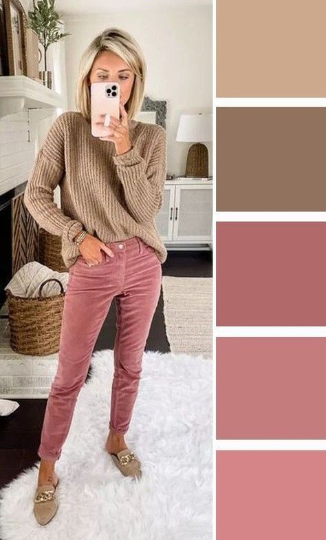 Rose Colored Pants Outfit, Pink And Beige Outfit, Best Color Combinations, Autumn Color Palette Fashion, Pink Pants Outfit, Colour Combinations Fashion, Color Combos Outfit, Look Rose, Modesty Outfits