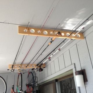 Fishing Pole Storage - Great for Apartment, Shed or Garage! Shed Organisation, Fishing Pole Storage, Storage Shed Organization, Fishing Rod Storage, Shed Organization, Garage Shed, Diy Garage Storage, Garage Makeover, Hus Inspiration