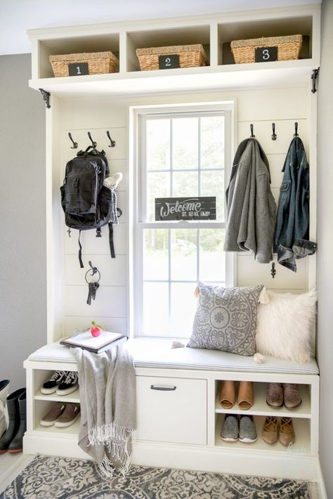 Accent Wall Ideas - Built in Mudroom Accent Wall by Home Stories A to Z #accentwall Laundry Room Furniture Ideas, Mudroom Makeover, Mudroom Ideas, Neutral Fall Decor, Diy Accent Wall, Mudroom Design, Entryway Ideas, Declutter Your Home, Mud Room