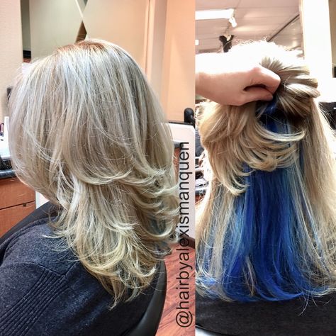 Blonde And Blue Peekaboo, Layered Peekaboo Hair, Blue Peekaboo Hair Blonde, Blonde And Blue Hair Peekaboo, Blonde With Blue Underneath, Blonde Hair Blue Tips, Blonde Peekaboo Hair, Blonde Hair With Blue Tips, Blonde Hair With Blue