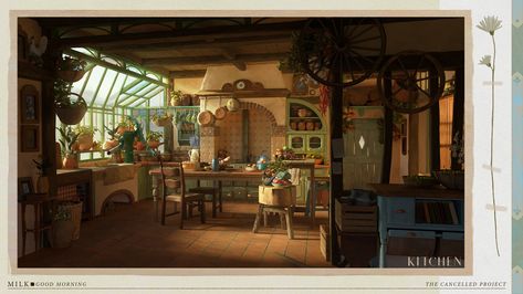 Cottage Concept Art Interior, Cottagecore Concept Art, Fantasy Kitchen Art, Fantasy Kitchen Concept Art, Cottage Bakery Aesthetic, Kitchen Fantasy Art, Bakery Concept Art, Kitchen Concept Art, Cottage Concept Art