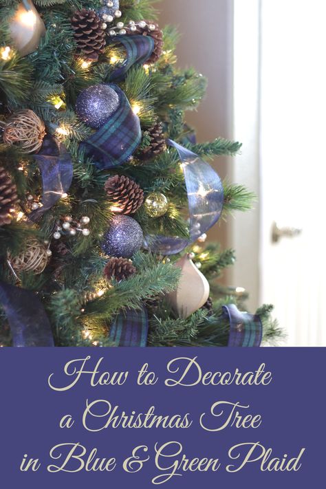 Designer tips and tricks for how to decorate a Christmas tree in blue and green plaid, also called Black Watch tartan. christmas decorations. Blue green plaid Christmas tree inspo. christmas home decor. blue christmas decor. navy blue christmas decor Green Blue Plaid Christmas, Scottish Themed Christmas Tree, Navy Tartan Christmas, Celtic Christmas Tree, Black Watch Tartan Christmas, Navy And Green Christmas Decor, Christmas Decor Navy Blue, Blue Xmas Decorating Ideas, Green And Blue Christmas Tree