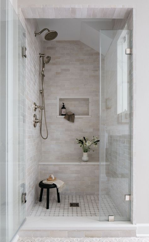 Riverstone Tile Bathroom, Bathroom Shower Tile Ideas Cream, Powder Blue Master Bath, Cultured Marble Shower Walls Master Bath, Light Shower Tile, Small Shower Bathroom Ideas, Rectangle Bathroom Layout, Bathroom Tile Ideas Neutral, Modern Transitional Bathroom