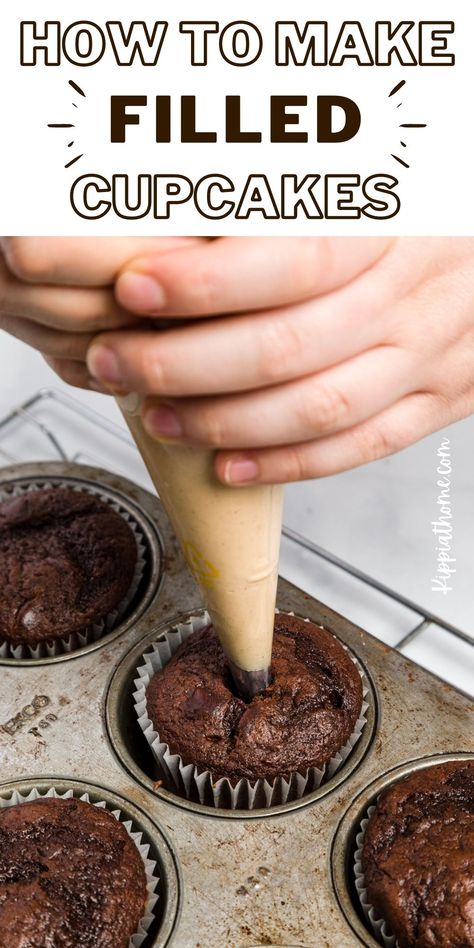 Frosting Inside Cupcakes, How To Make Cream Filled Cupcakes, How To Fill A Cupcake With Icing, Pudding Stuffed Cupcakes, Hostess Cupcake Filling, Fill Cupcakes How To, How To Make The Perfect Cupcake, How To Stuff Cupcakes, How To Stuff Cupcakes With Frosting